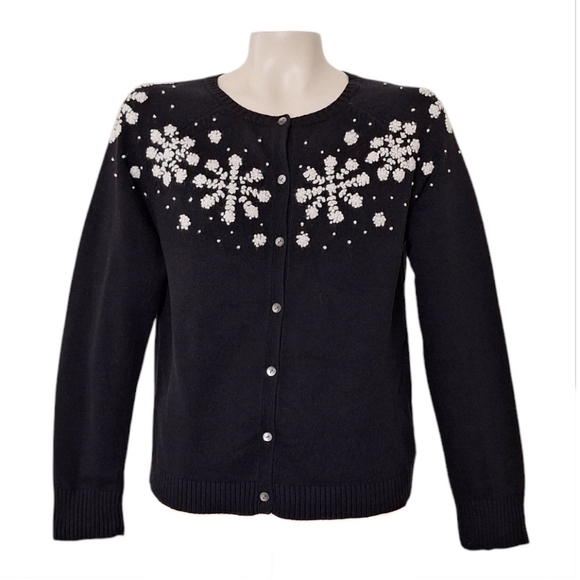 Eddie Bauer Black Snowflake Cardigan Sweater Winter Cabincore Medium - Picture 1 of 6